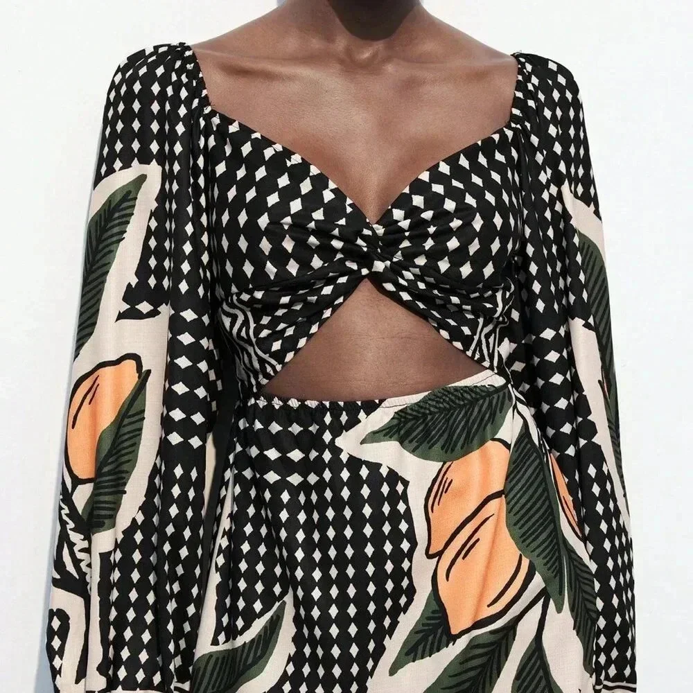 Black And White Boho Women's Floral Print Twist Hollow Out Casual Short Dress